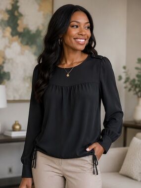 LOFT Black Long Sleeve Blouse with Shoulder Button Detail & Adjustable Side Ties